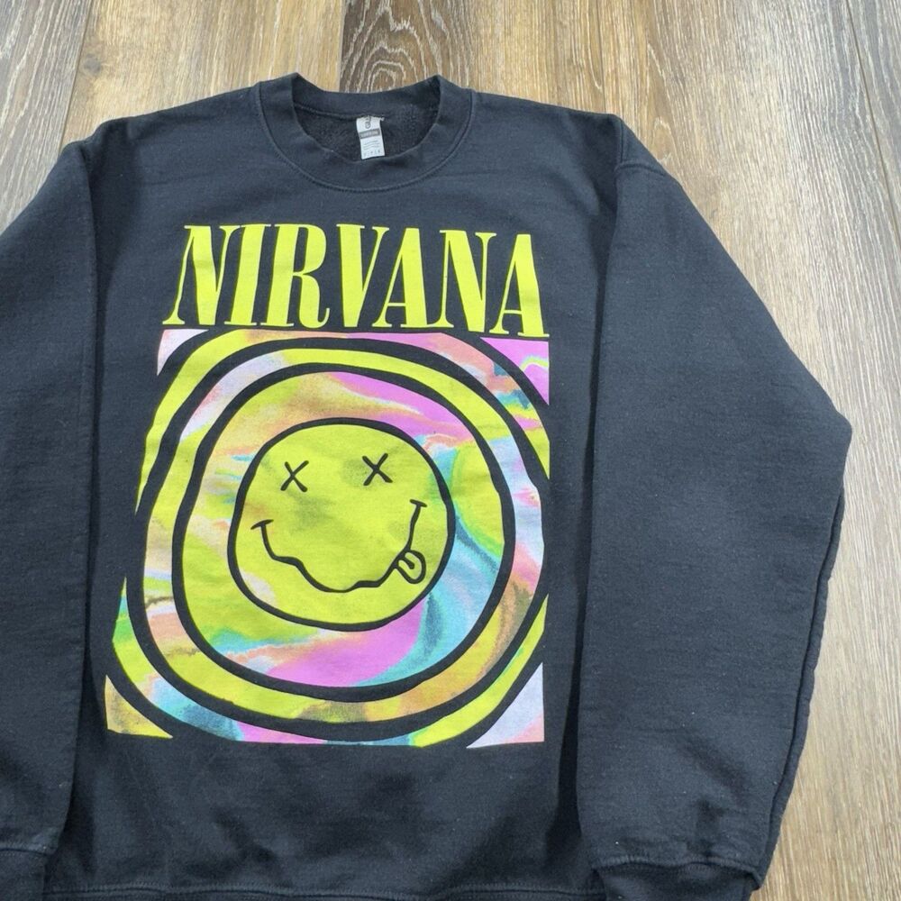Nirvana Sweatshirt Mens M Black Grunge Band Y2K Smiley Face Crewneck Sweatshirt